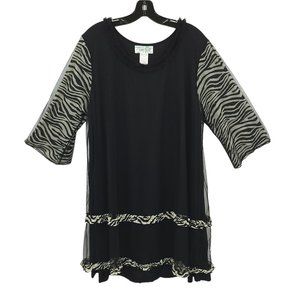 Lady Noiz Black Mesh Overlay Tunic Top Dress 2XL Black Animal Print 3/4 Sleeve